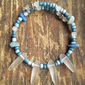 Beach bracelet, white recycled glass, blue seed beads, blue lapis chip stones, boho style, tribal look, single wrap bracelet, beach jewelry