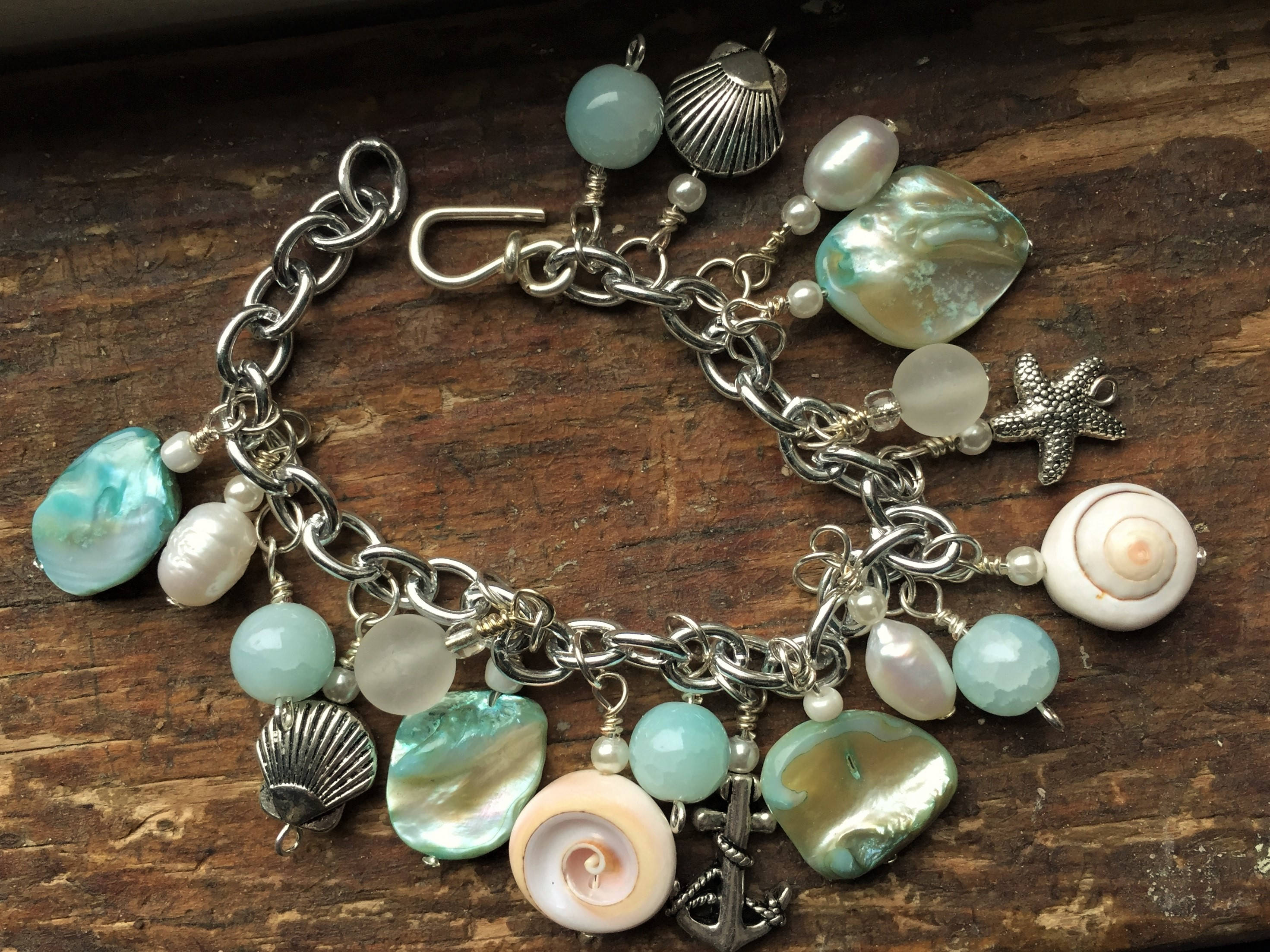Charm Bracelet, Aqua and White Glass Beads, Freshwater Pearls, Silver ...