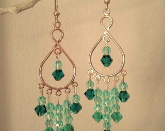 Dangle earrings, chandelier style, shades of green and aqua glass beads with silver tone wire, french hooks, elegant earrings,glittery jewls