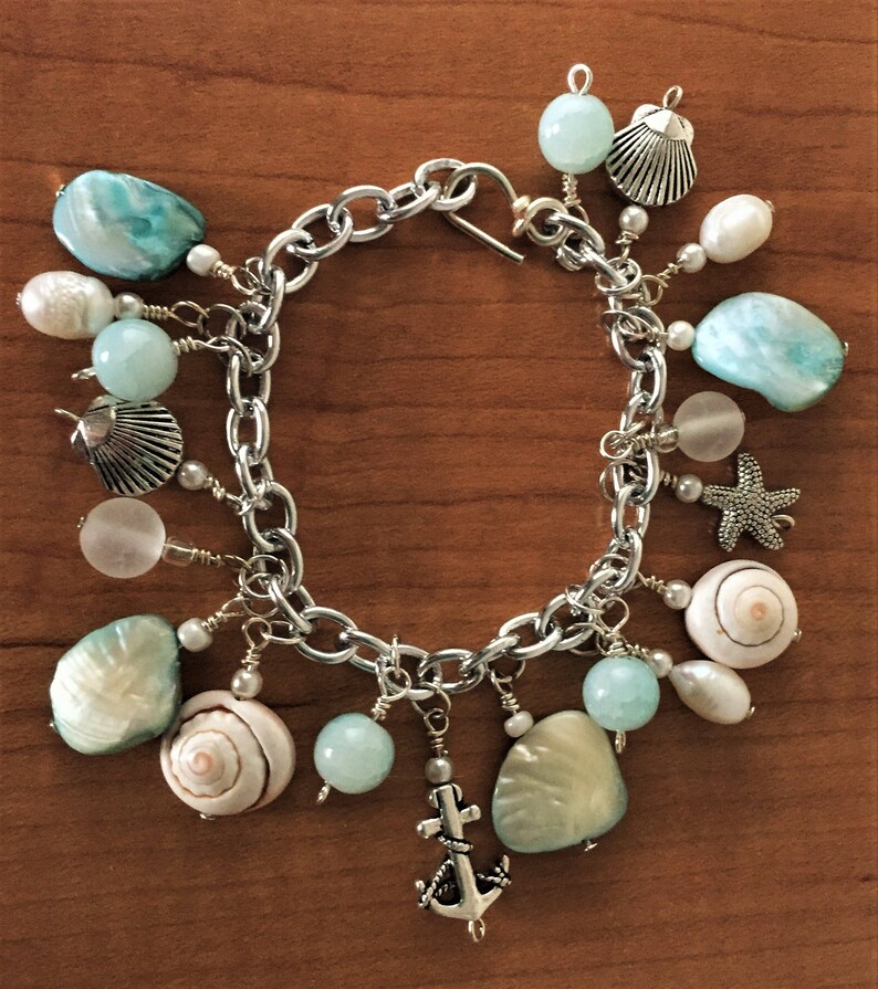 Charm Bracelet, Aqua and White Glass Beads, Freshwater Pearls, Silver ...