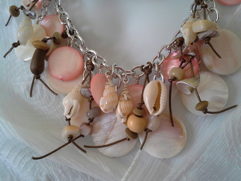 Bib Necklace, Silver Chain, Pink White Shell Lentil Beads, Wood,shell ...