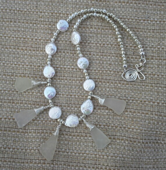 White seaglass pendants wrapped with silverplated wire,white freshwater pearl disk beads, elegant bridal necklace, unique statement necklace