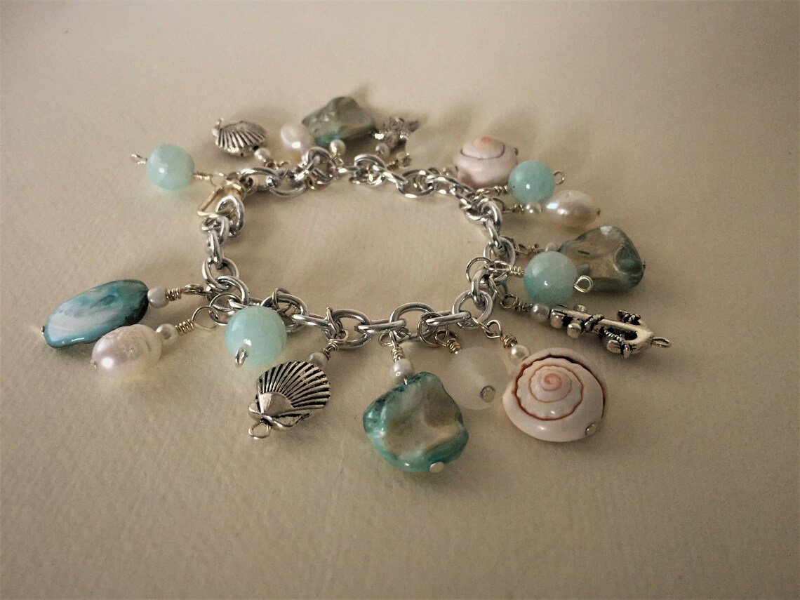 Charm Bracelet, Aqua and White Glass Beads, Freshwater Pearls, Silver ...