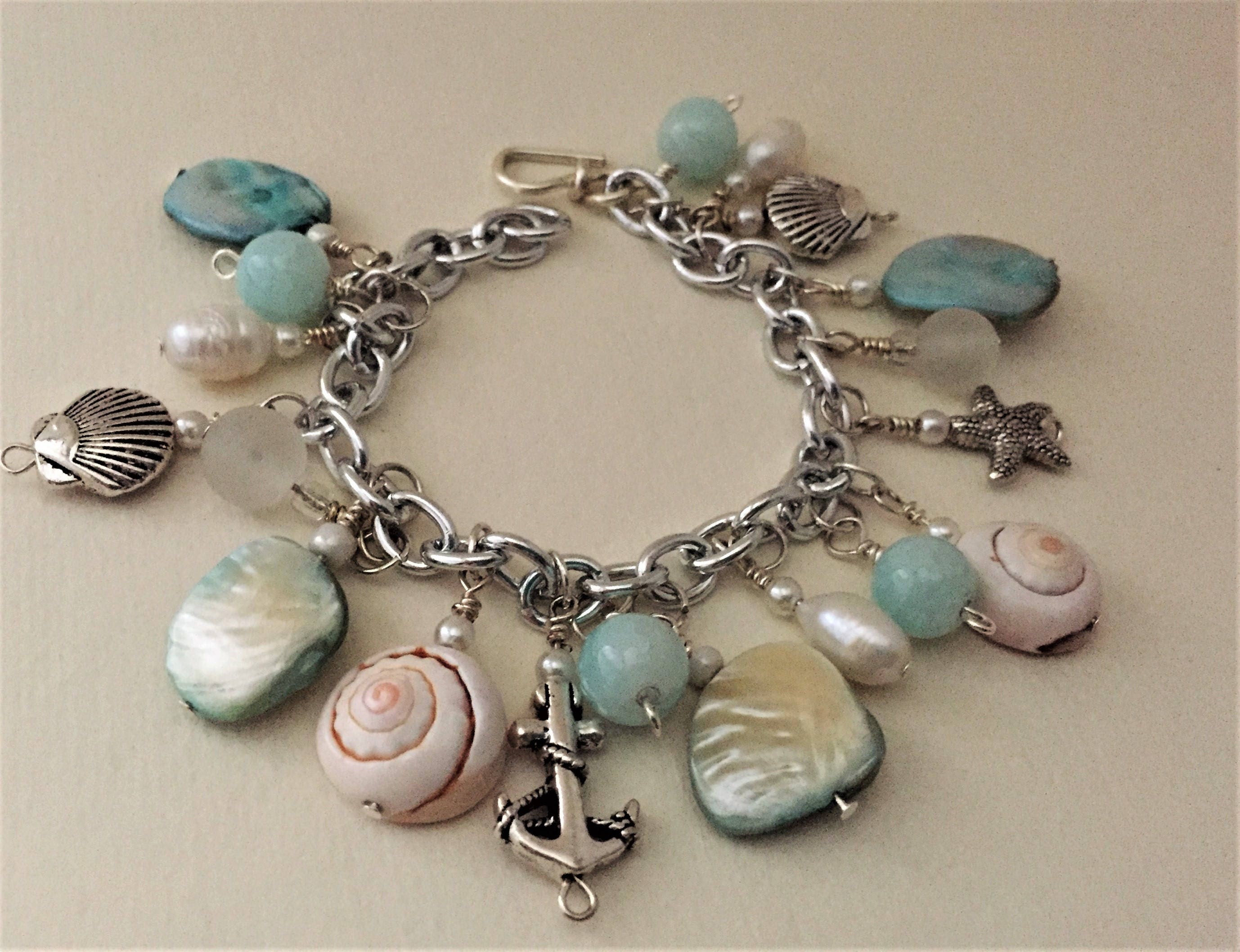 Charm bracelet aqua and white glass beads freshwater pearls | Etsy