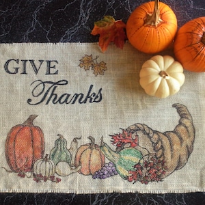 Burlap table decor, cream colored place mat, holiday centerpiece, original design, cornucopia with fall vegetables on burlap, permanent ink