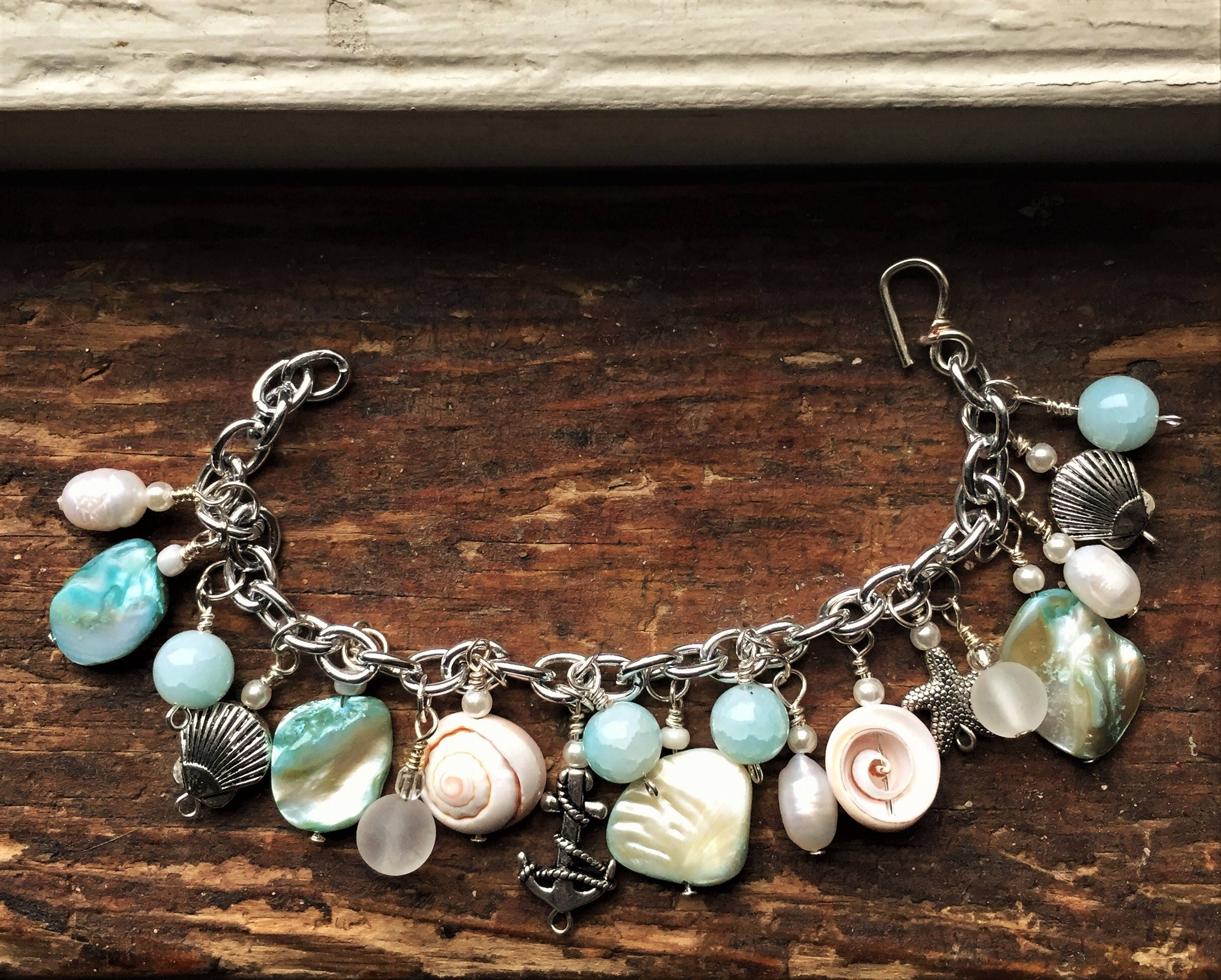 Charm Bracelet, Aqua and White Glass Beads, Freshwater Pearls, Silver ...