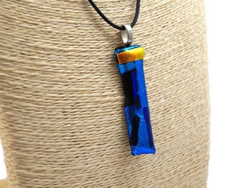 Boho Dichroic Glass Pendant Necklace: Blue & Gold Sparkle