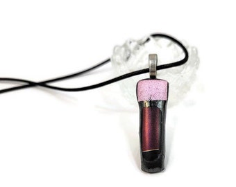 Dichroic Fused Glass Pendant Necklace: Gray, Mauve, and Pink Glitter