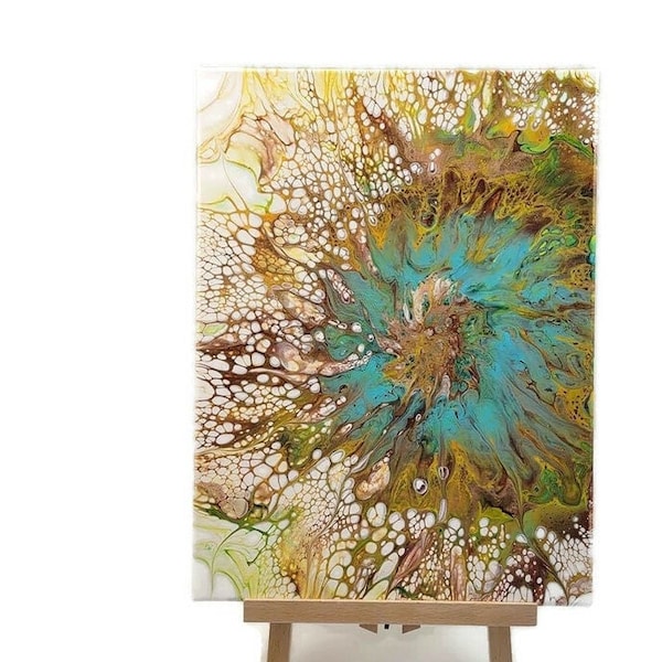 Fluid Acrylic Art Pour Painting, Original Stretched Canvas 16"x12", Abstract Art, Home, Gift, Sunflower, Autumn Art, Harvest Time, Nature