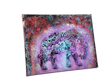 Peinture acrylique de texture d’éléphant d’Asie, décor de maison ou de bureau Boho, toile tendue originale 14"x11 », Ganesh, hindou, cadeau d’anniversaire d’art mural