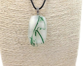 White With Green Vine Lines Fused Glass Pendant Necklace, Jewelry, Nature Lover, Woman's Gift Idea, Saint Patrick's Day, Casual Wear, Spring