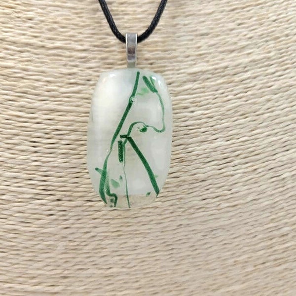 White With Green Vine Lines Fused Glass Pendant Necklace, Jewelry, Nature Lover, Woman's Gift Idea, Saint Patrick's Day, Casual Wear, Spring