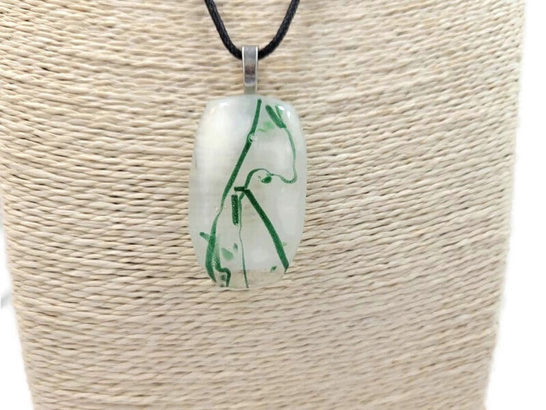 White With Green Vine Lines Fused Glass Pendant Necklace, Jewelry, Nature Lover, Woman's Gift Idea, Saint Patrick's Day, Casual Wear, Spring image 1