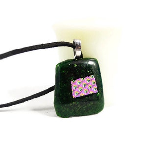 Green Glitter And Pink Dichroic Fused Glass Pendant Necklace, Jewelry, Fashion, Boho, Christmas Necklace, Shimmer, Boho Hippie, Woman's Gift image 8