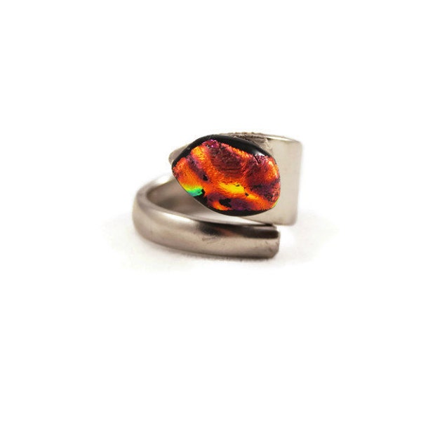 Orange Glass Spoon Ring, Fused Glass Ring, Silverware Ring, Spiral Ring, Fire Storm Ring, Orange Ring, Hippie Jewelry, Boho Ring