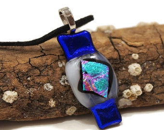 Necklace, Fused Glass Art Pendant, Dichroic Glass, Hippie, Bohemian, Vibrant Color, Free Spirit Jewelry, Shimmer Blue, Rainbow, Woman's Gift