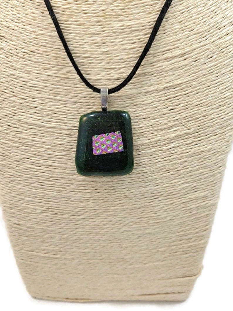 Green Glitter And Pink Dichroic Fused Glass Pendant Necklace, Jewelry, Fashion, Boho, Christmas Necklace, Shimmer, Boho Hippie, Woman's Gift image 6