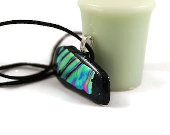 Dichroic Rainbow Glass Pendant Necklace, Striped, Gold, Green, Yellow, Blue, Pink, Oblong, Speckled, Glitter, Gift, Mother's Day, Birthday