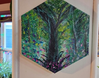 Woodland Forest Acrylic Painting: Abstract Floral Garden on Hexagon Canvas 10"