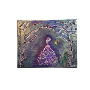 May include: A painting of a woman in a purple dress with gold accents standing in a forest. The woman is looking to the right and there is a small bird flying above her. The background is a dark purple with gold and green accents.