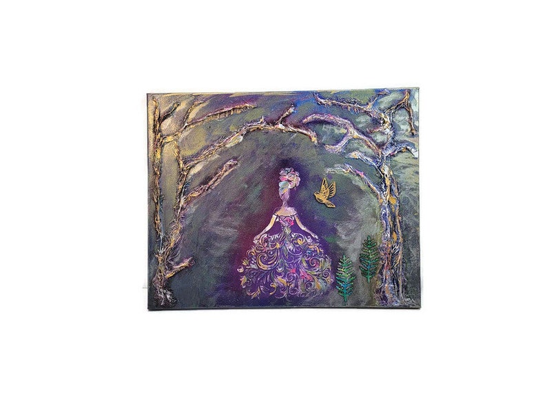 May include: A painting of a woman in a purple dress with gold accents standing in a forest. The woman is looking to the right and there is a small bird flying above her. The background is a dark purple with gold and green accents.