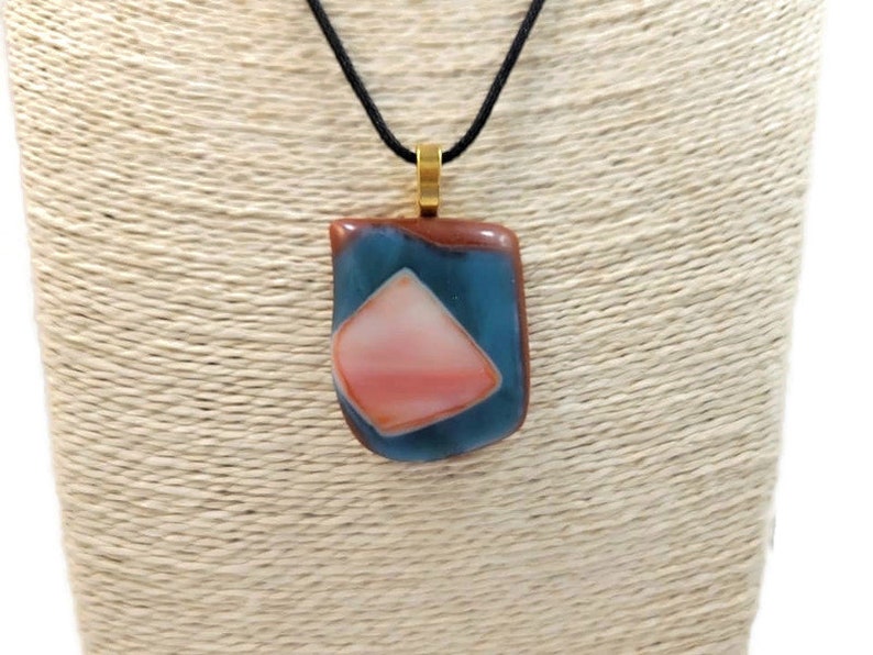 Brown Blue Orange Fused Glass Pendant Necklace, Unisex Gift, Jewelry, Boho, Hippie Fashion, Fall Wear, Birthday, Beachy Vibe, Large, Casual image 7