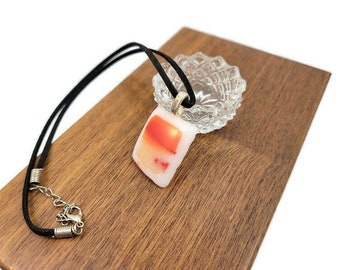 Orange And White Fused Glass Pendant Necklace, Square Shape, Casual Wear Jewelry, Unisex, Birthday Gift Idea, Summer Or Autumn Wear, Hippie