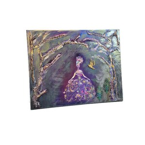 May include: A mixed media painting on canvas featuring a woman in a purple dress with gold accents, standing in a forest setting with a bird flying overhead. The background is a dark purple with hints of gold and green.