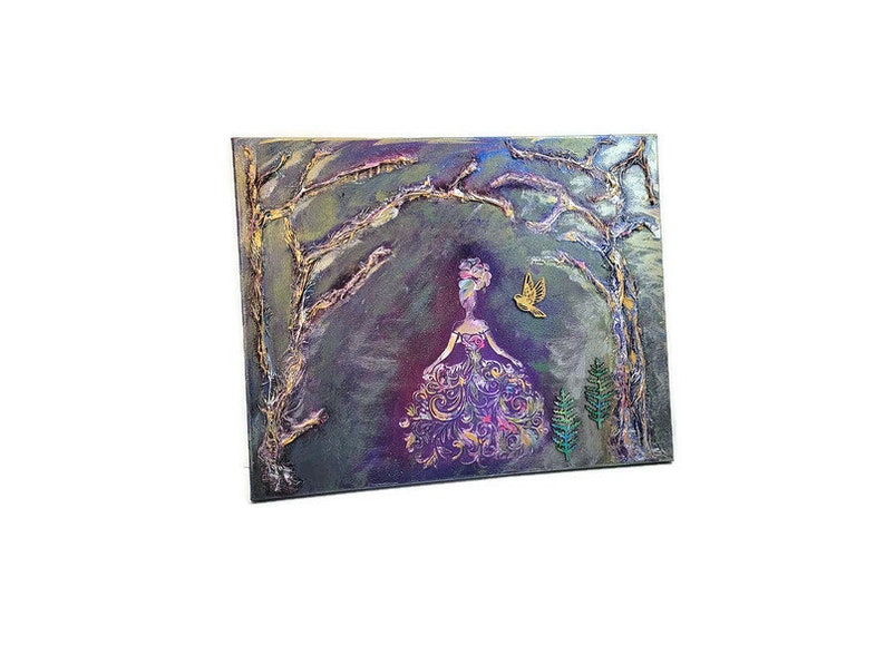 May include: A mixed media painting on canvas featuring a woman in a purple dress with gold accents, standing in a forest setting with a bird flying overhead. The background is a dark purple with hints of gold and green.