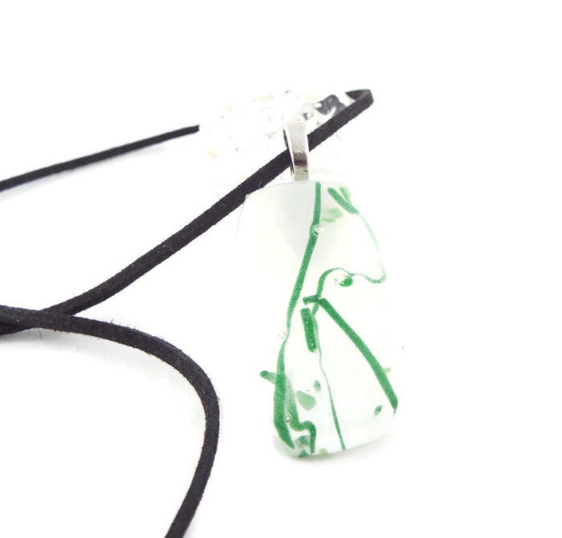 White With Green Vine Lines Fused Glass Pendant Necklace, Jewelry, Nature Lover, Woman's Gift Idea, Saint Patrick's Day, Casual Wear, Spring image 7