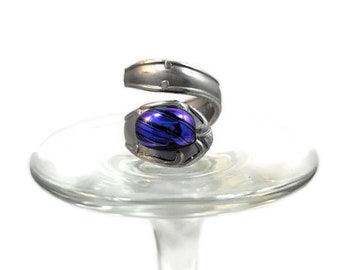 US Size 8 Spoon Ring, Fused Glass, Silverware, Spiral Ring, Blue With Purple Tint, Wrap Ring, Metal, Flatware, Boho Fashion Jewelry, Thumb