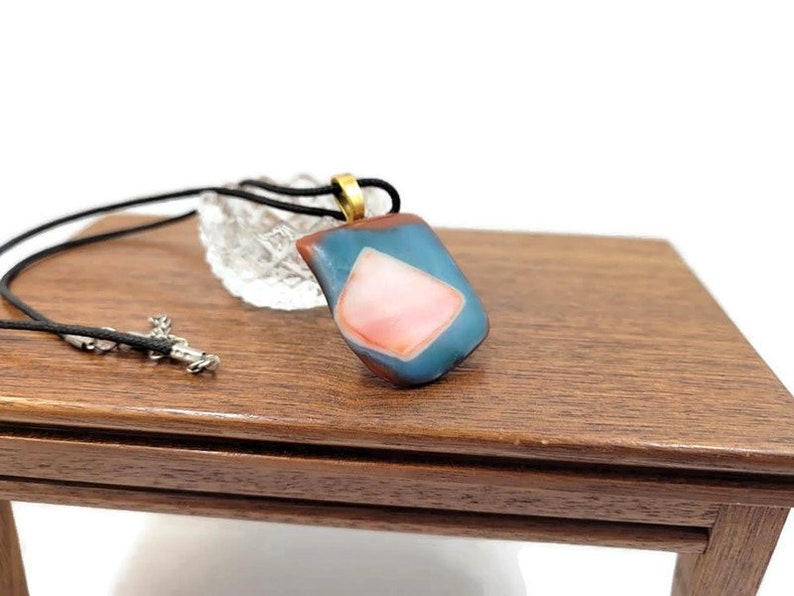 Brown Blue Orange Fused Glass Pendant Necklace, Unisex Gift, Jewelry, Boho, Hippie Fashion, Fall Wear, Birthday, Beachy Vibe, Large, Casual image 3