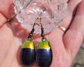 Dichroic Fused Glass Earrings: Antique Bronze Wire, Egyptian Style