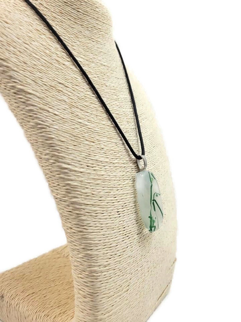 White With Green Vine Lines Fused Glass Pendant Necklace, Jewelry, Nature Lover, Woman's Gift Idea, Saint Patrick's Day, Casual Wear, Spring image 8