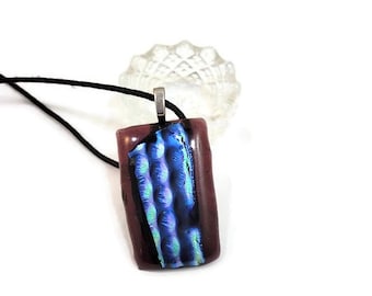 Dark Purple With Blue Green Silver Bubble Dichroic Fused Glass Pendant Necklace, Jewelry, Fashion, Boho Style, Hippie, Large, Birthday Gift