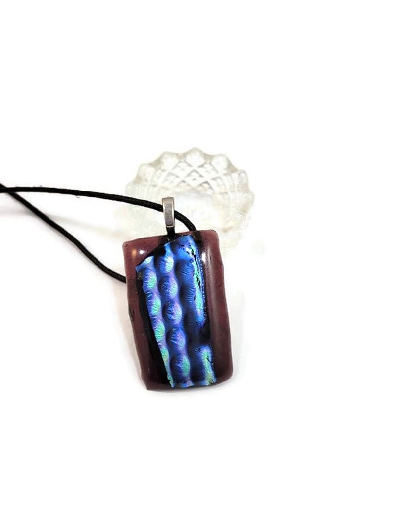 Dark Purple With Blue Green Silver Bubble Dichroic Fused Glass Pendant Necklace, Jewelry, Fashion, Boho Style, Hippie, Large, Birthday Gift image 1