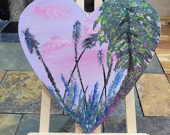 Original Meadow Landscape Acrylic Painting: Pink Sky Heart Canvas (10")