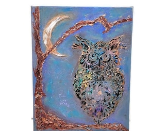 Peinture de texture d'un hibou dans la forêt la nuit, Animal oiseau arbre lune Boho Hippie, Wall Art Home Decor, toile tendue originale 14 "x 11"