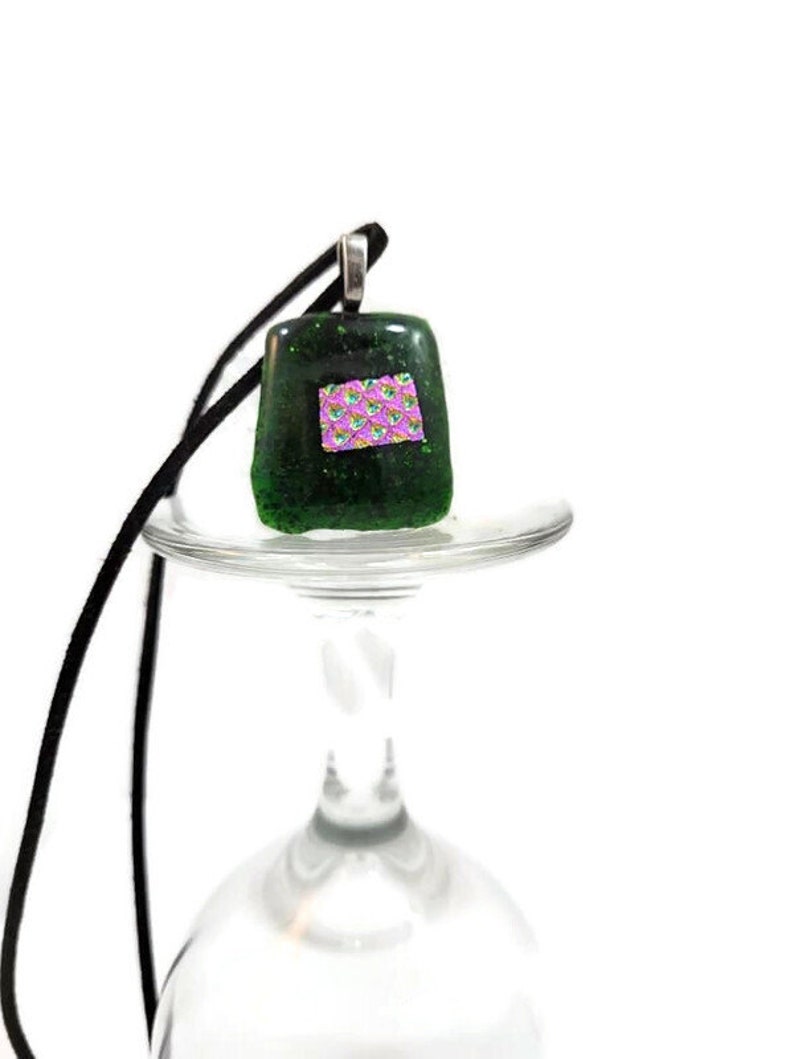Green Glitter And Pink Dichroic Fused Glass Pendant Necklace, Jewelry, Fashion, Boho, Christmas Necklace, Shimmer, Boho Hippie, Woman's Gift image 4