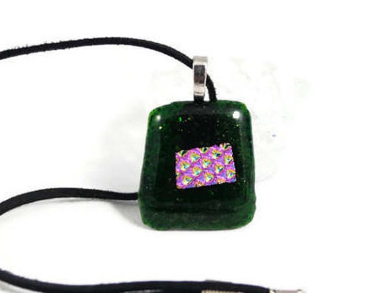 Green Glitter And Pink Dichroic Fused Glass Pendant Necklace, Jewelry, Fashion, Boho, Christmas Necklace, Shimmer, Boho Hippie, Woman's Gift image 5