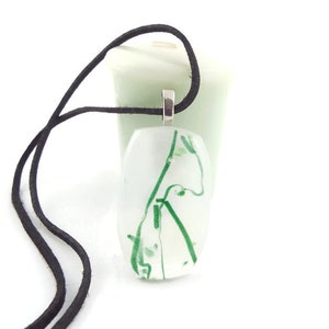 White With Green Vine Lines Fused Glass Pendant Necklace, Jewelry, Nature Lover, Woman's Gift Idea, Saint Patrick's Day, Casual Wear, Spring image 5
