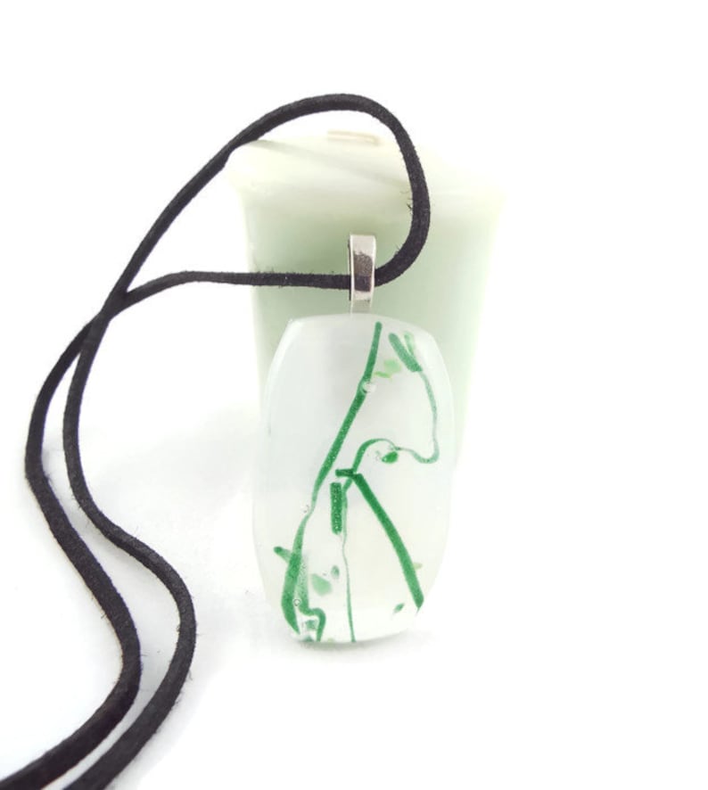White With Green Vine Lines Fused Glass Pendant Necklace, Jewelry, Nature Lover, Woman's Gift Idea, Saint Patrick's Day, Casual Wear, Spring image 5
