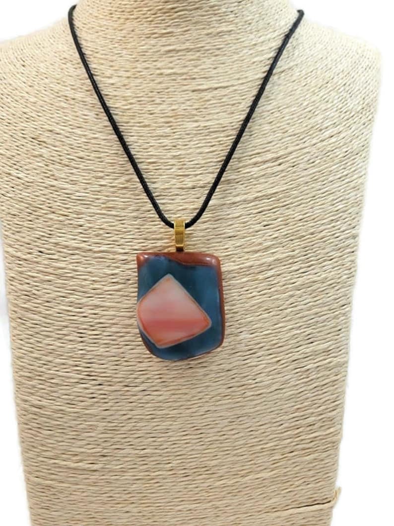 Brown Blue Orange Fused Glass Pendant Necklace, Unisex Gift, Jewelry, Boho, Hippie Fashion, Fall Wear, Birthday, Beachy Vibe, Large, Casual image 5