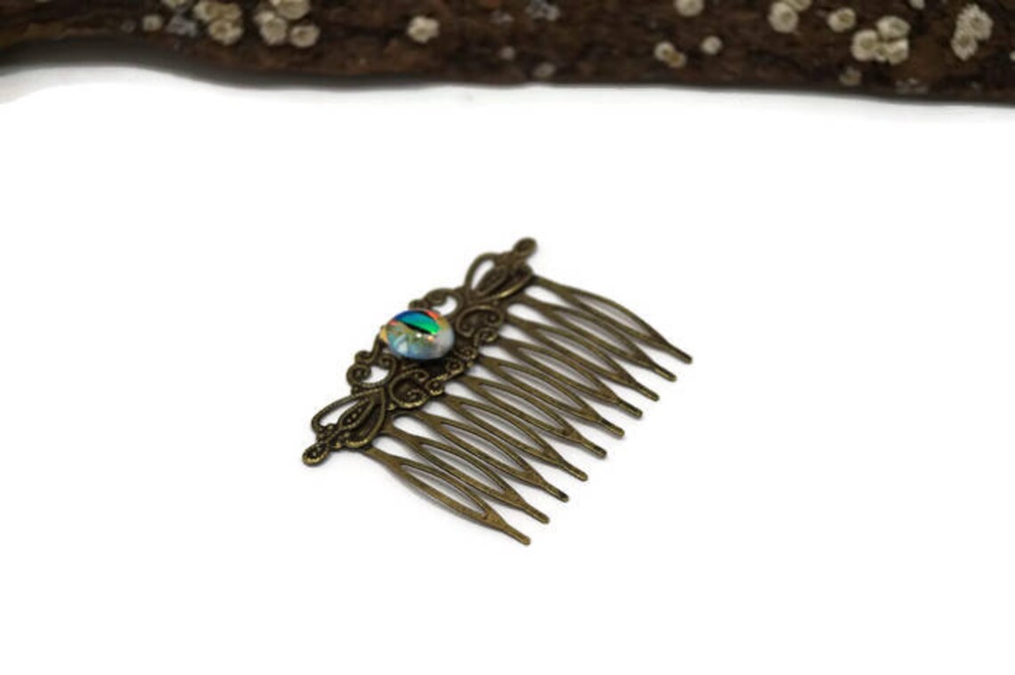 Fused Glass Hair Comb, Hair Accessories, Wedding Comb, Bronze Tone