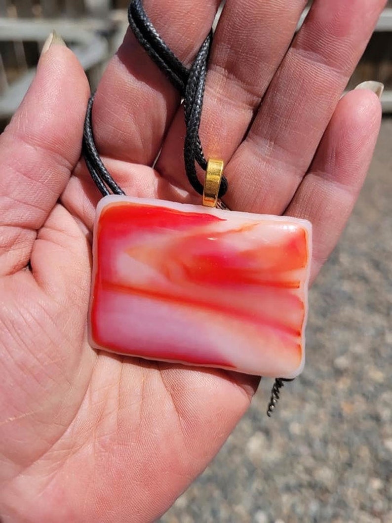 Large Fused Glass Orange Pendant Necklace, Jewelry. Sun Rise, Sun Set, Boho And Hippie Vibe, White, Pink, Beachy Feel, Back To School, Gift image 7