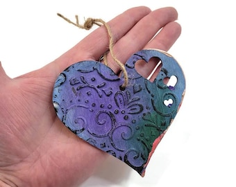 Painted Wooden Heart Ornament: Textured Boho Gift Tag
