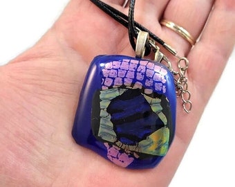 Dichroic Fused Glass Pendant Necklace: Multi Colored Bohemian Jewelry