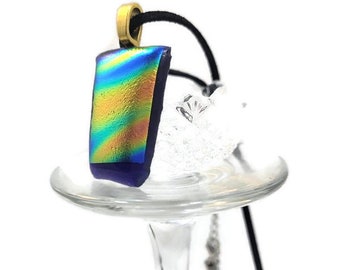 Blue With Rainbow Dichroic Fused Glass Pendant Necklace, Gay Pride, LGBTQ Fashion Jewelry, Vibrant, Colorful, Green, Yellow, Gift, Birthday
