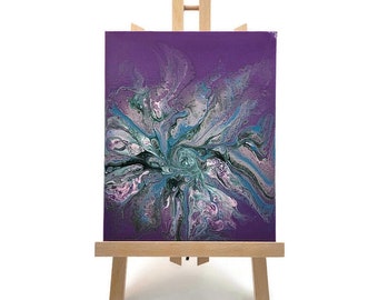 Acrylic Fluid Art Painting, Stretched Canvas, Original 8"x10", Abstract Flower, Home Decor, Gift, Wall Art, Purple Turquoise Silver Green