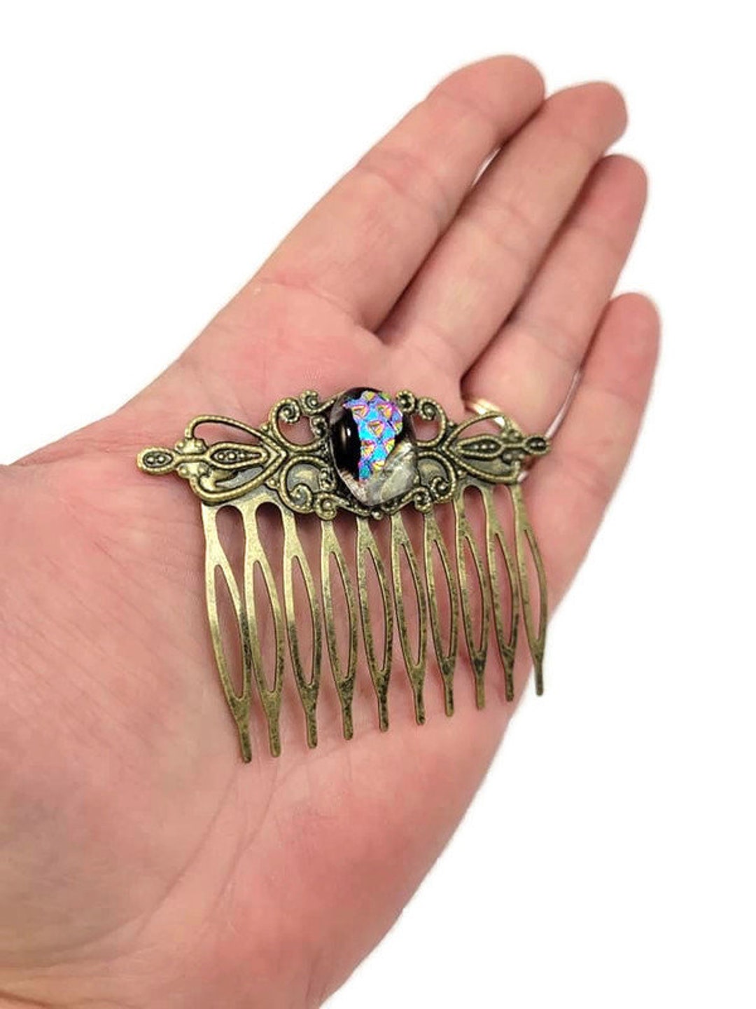 Dichroic Fused Glass Hair Comb, Hair Accessories, Wedding, Bronze Tone